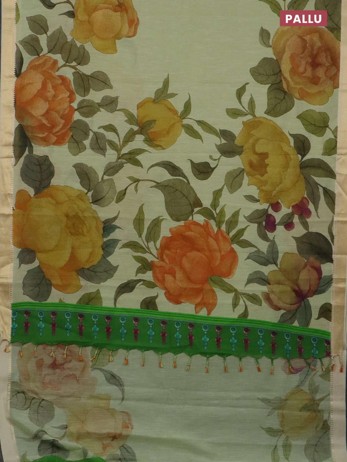 Mangalgiri cotton saree pista green and cream green with allover floral prints and thread woven border - Image 3