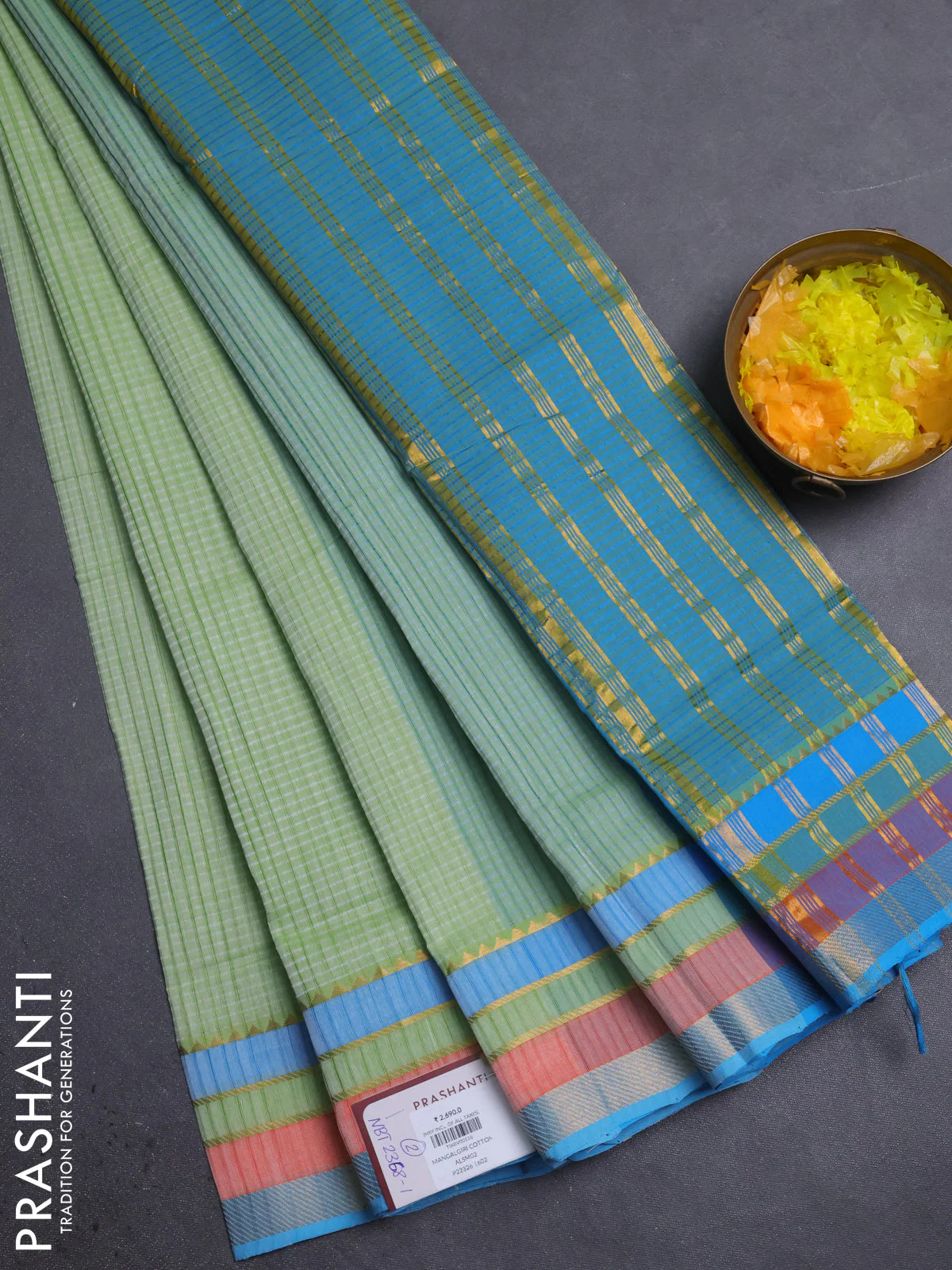 Mangalgiri cotton saree pista green and cs blue with allover stripe pattern and zari woven border