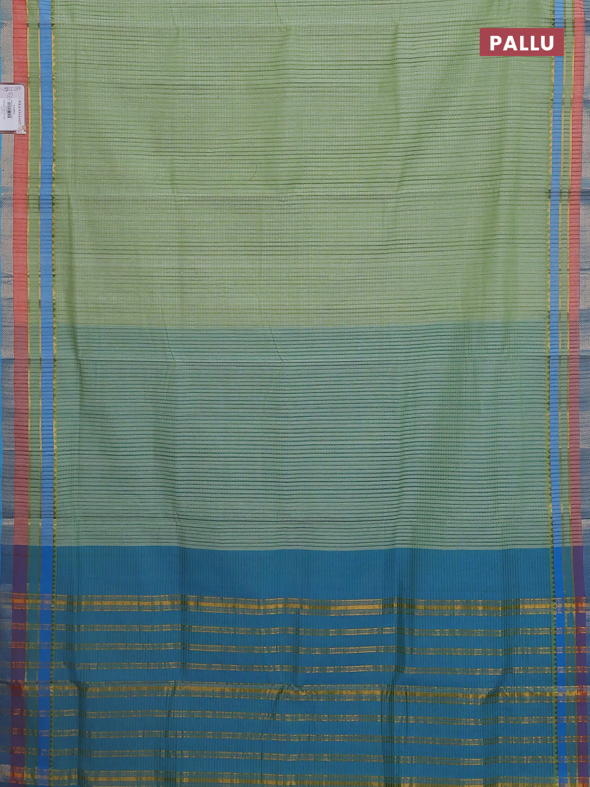 Mangalgiri cotton saree pista green and cs blue with allover stripe pattern and zari woven border - Image 3