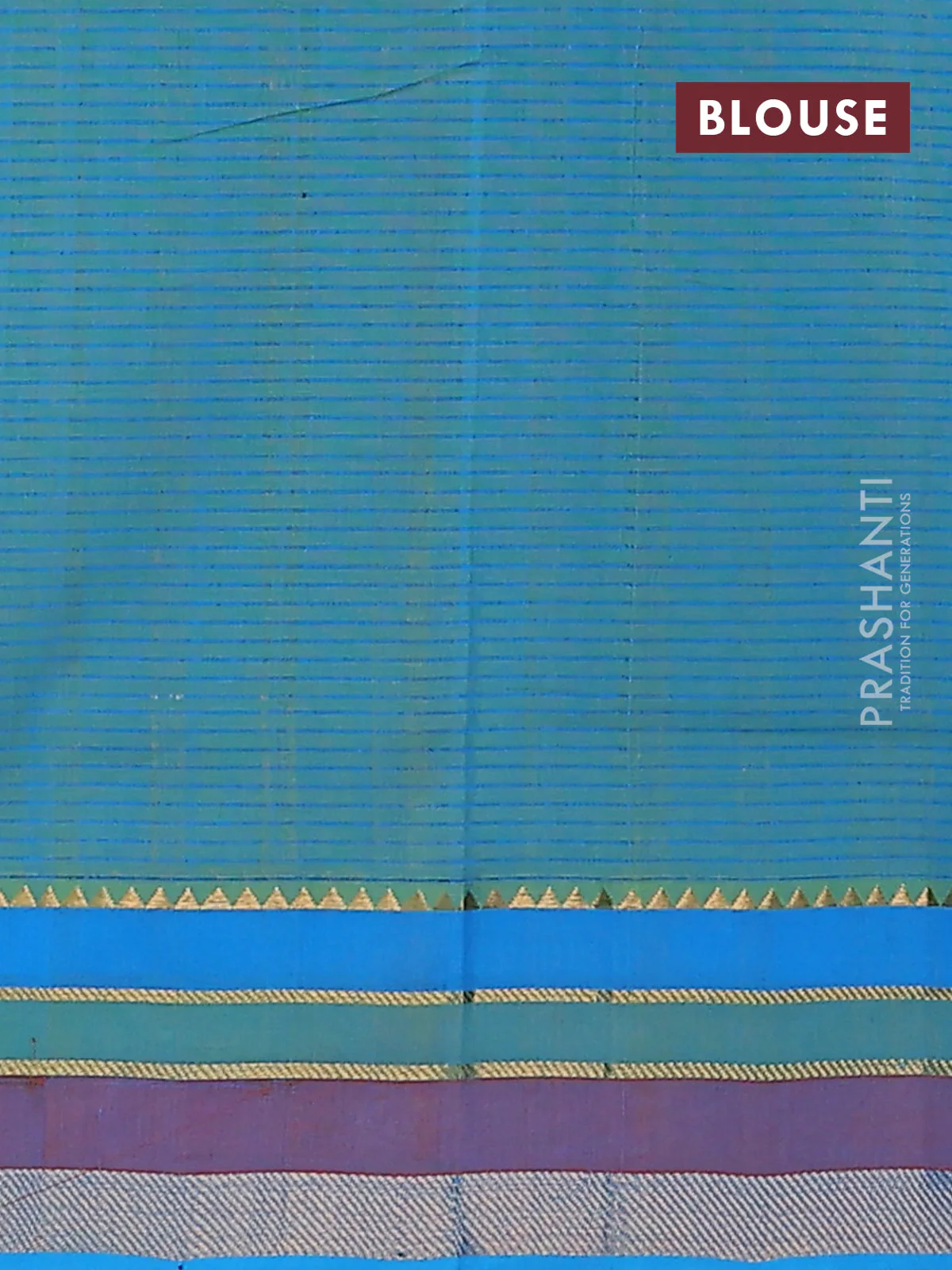 Mangalgiri cotton saree pista green and cs blue with allover stripe pattern and zari woven border - Image 4