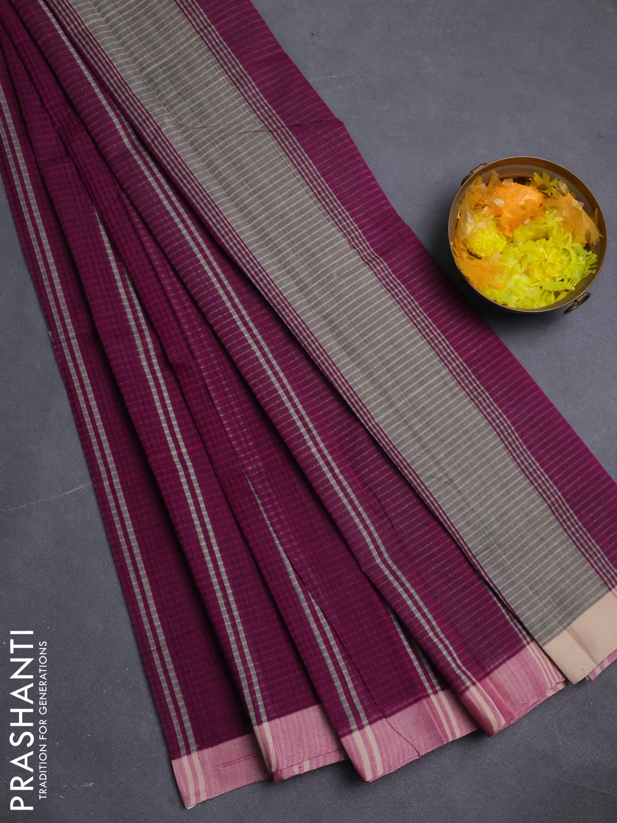 Mangalgiri cotton saree pueple and beige with stripe pattern and simple border