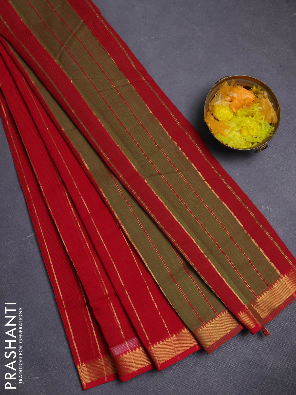 Mangalgiri cotton saree red and green with allover zari stripe pattern and zari woven border
