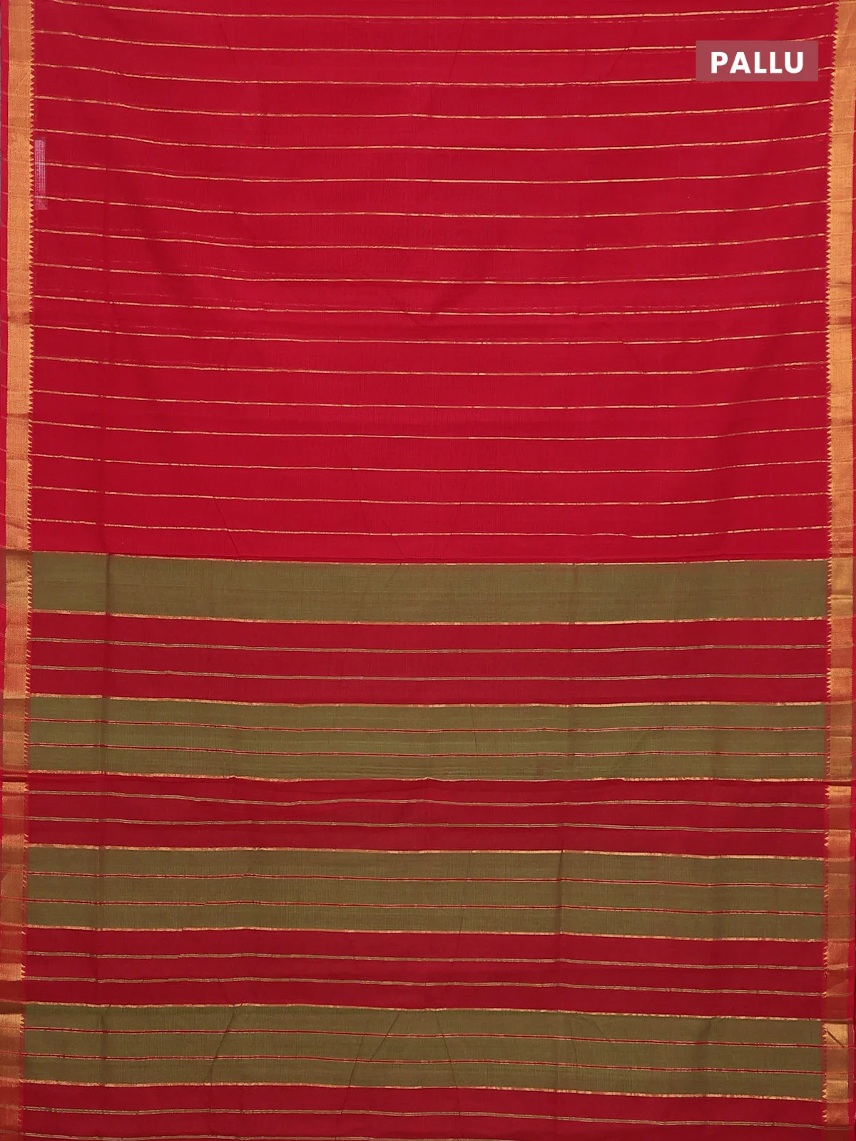 Mangalgiri cotton saree red and green with allover zari stripe pattern and zari woven border - Image 3