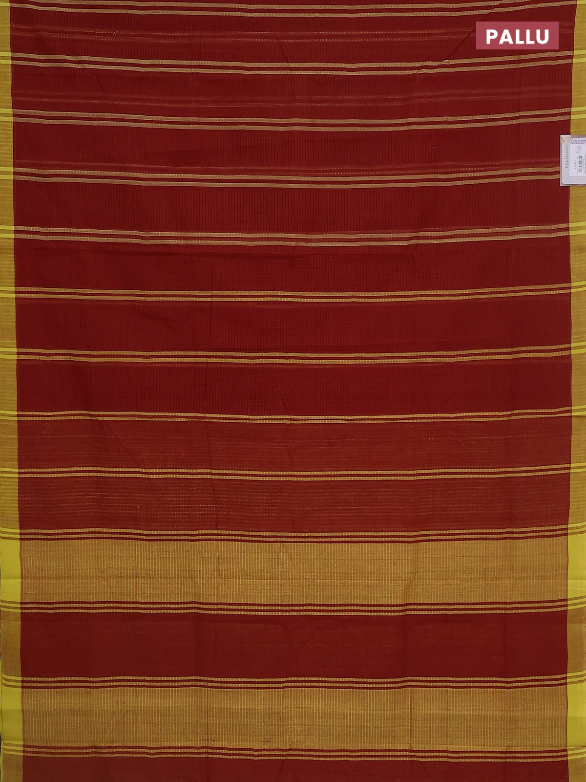 Mangalgiri cotton saree rustic brown and yellow with stripe pattern and simple border - Image 3