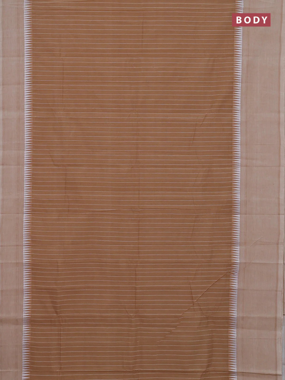 Mangalgiri cotton saree sandal and beige with allover stripe pattern and temple design long rettapet border - Image 2