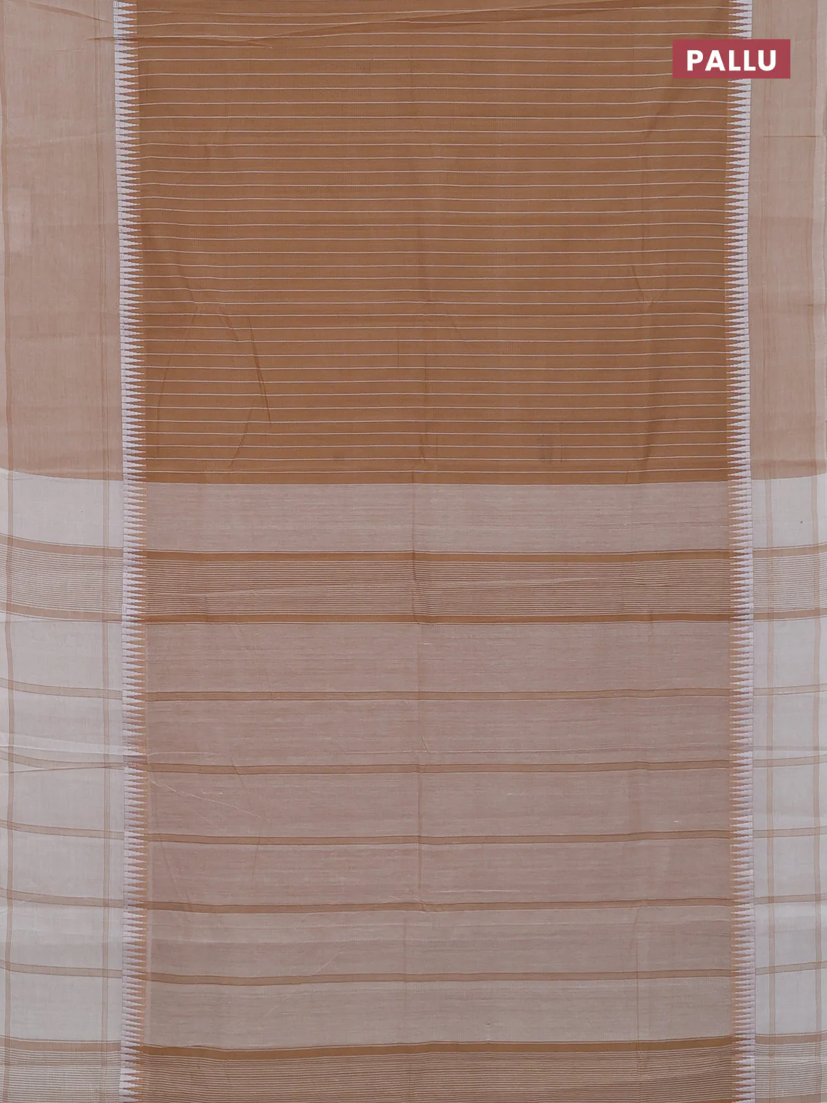 Mangalgiri cotton saree sandal and beige with allover stripe pattern and temple design long rettapet border - Image 3