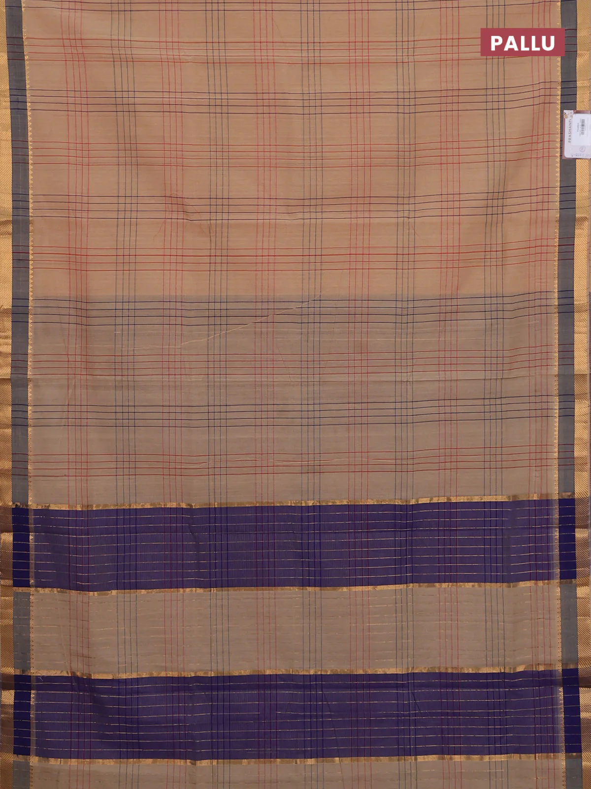 Mangalgiri cotton saree sandal and blue with allover checked pattern and zari woven border - Image 3