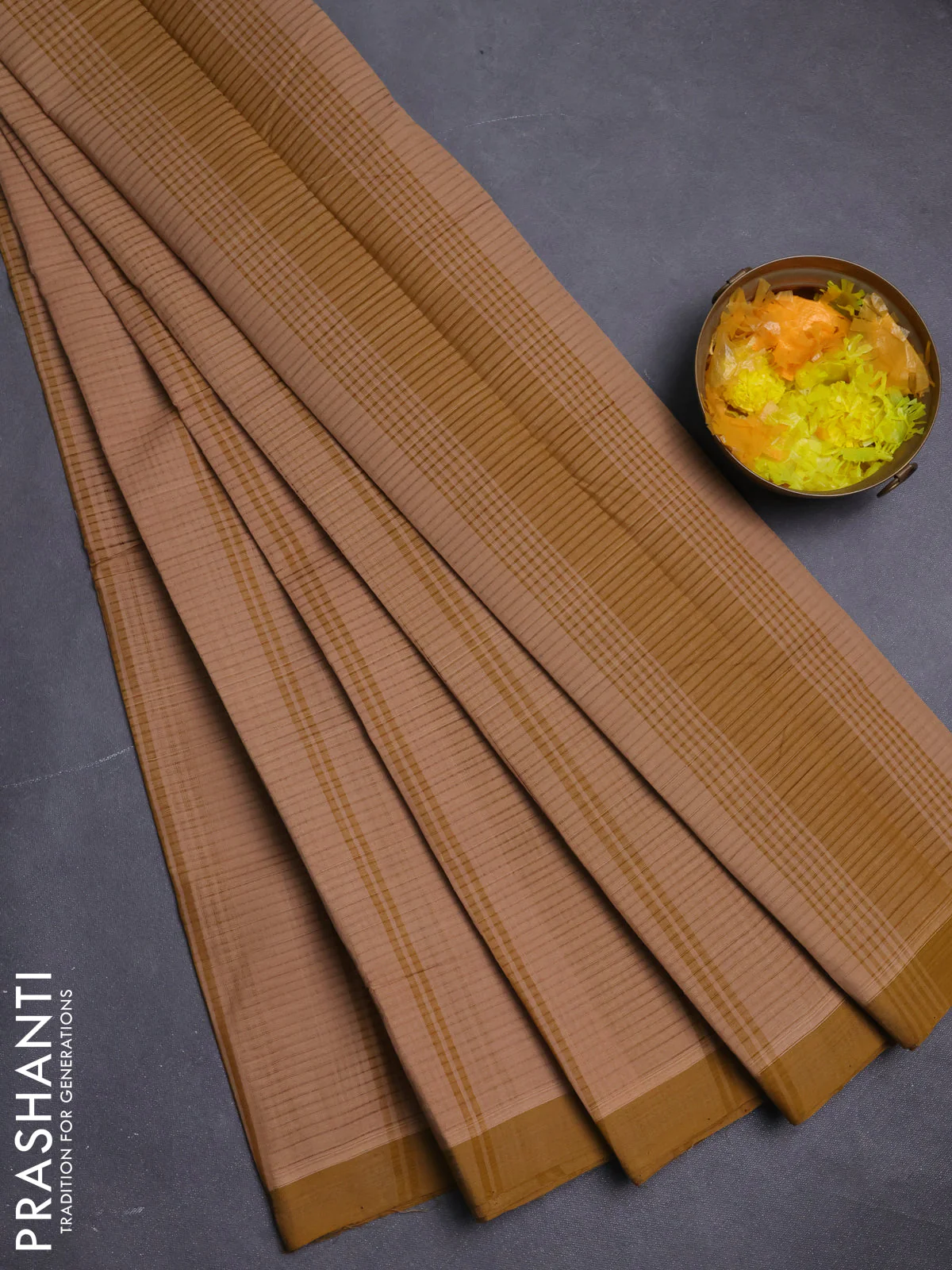 Mangalgiri cotton saree sandal and dark mustard with stripe pattern and simple border