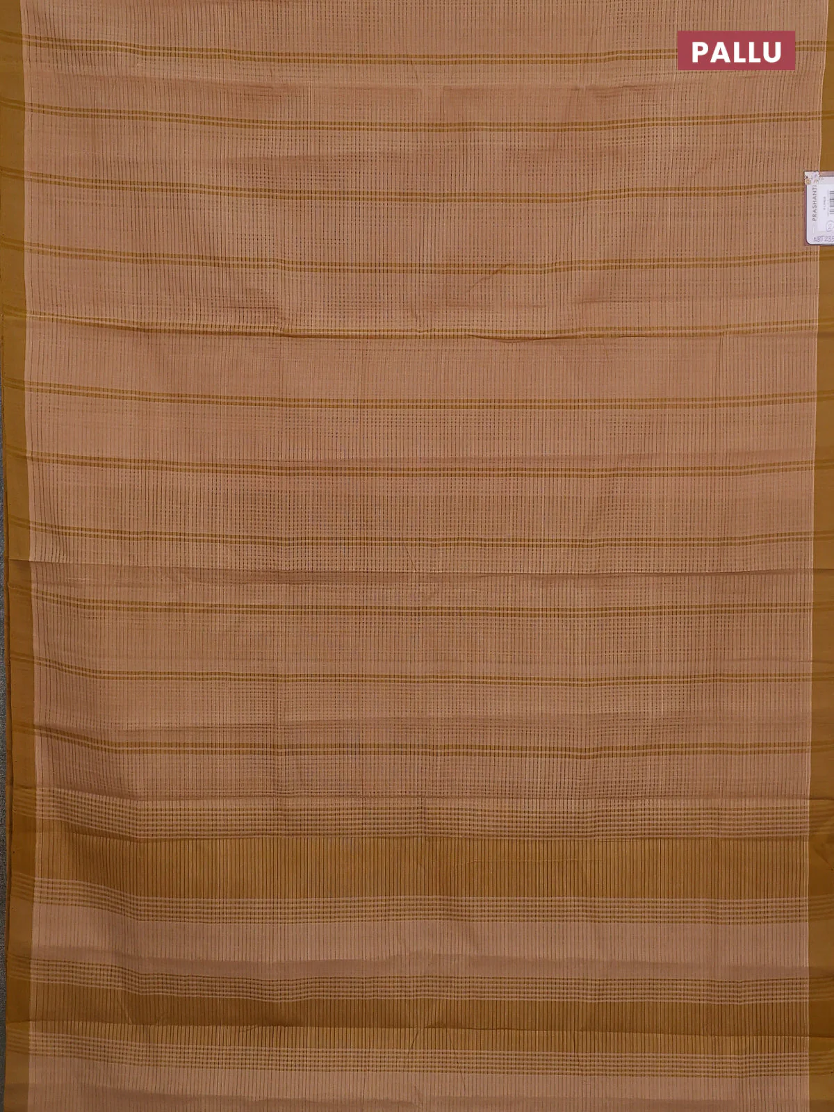 Mangalgiri cotton saree sandal and dark mustard with stripe pattern and simple border - Image 3