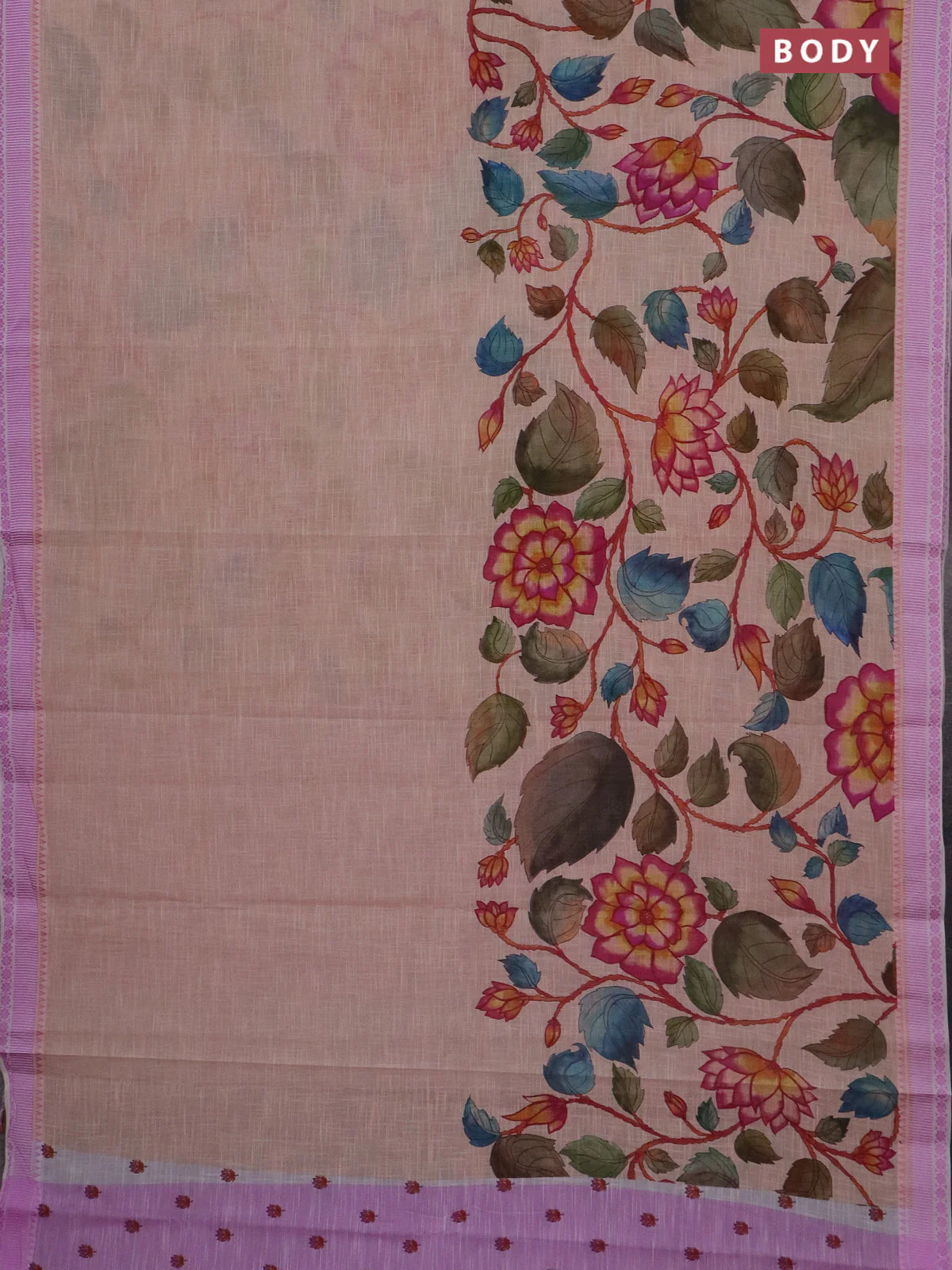 Mangalgiri cotton saree sandal and off white lotus pink with allover floral prints and thread woven border - Image 2