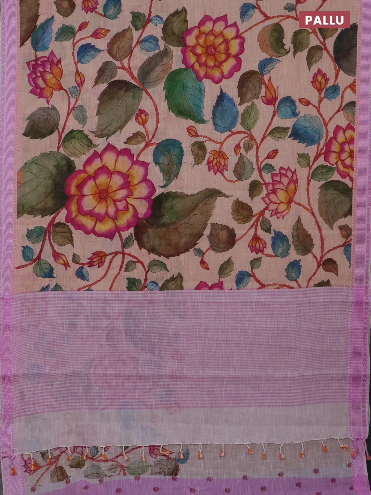 Mangalgiri cotton saree sandal and off white lotus pink with allover floral prints and thread woven border - Image 3