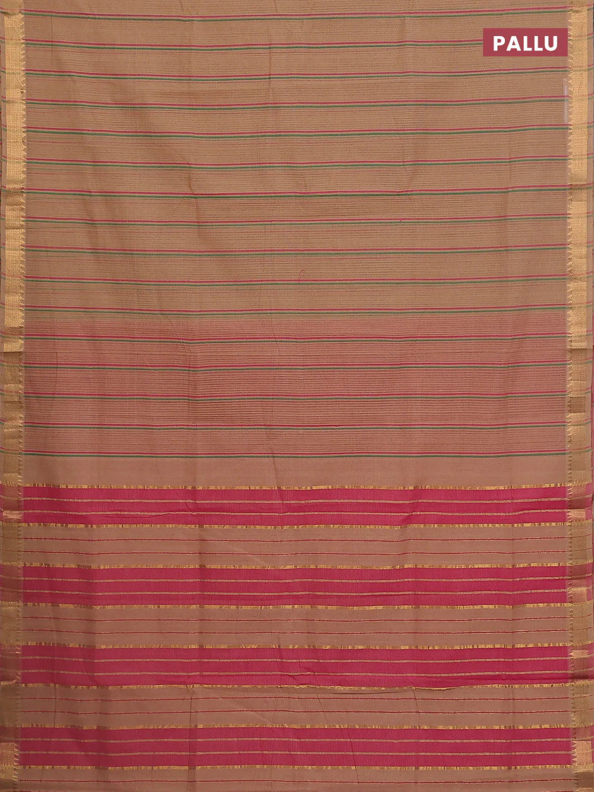 Mangalgiri cotton saree sandal and pink with allover stripe pattern and zari woven border - Image 3