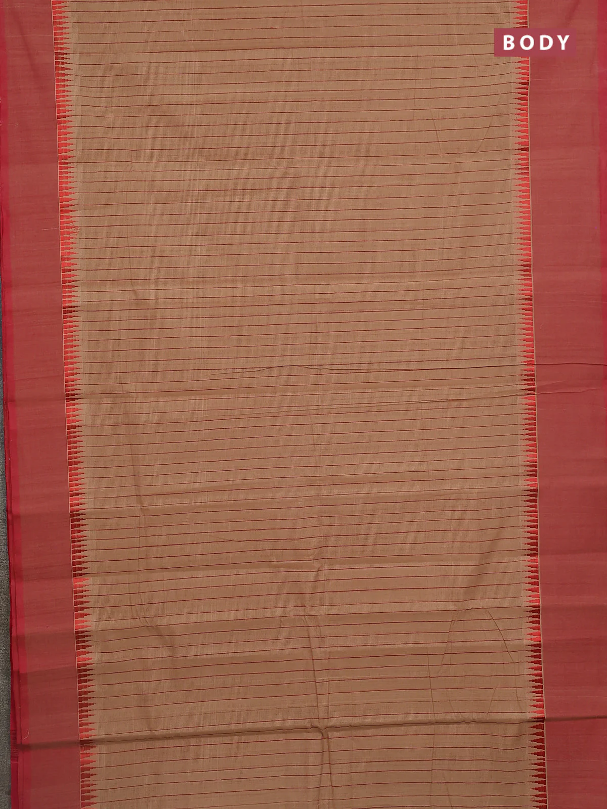 Mangalgiri cotton saree sandal and red with allover stripe pattern and temple design long rettapet border - Image 2