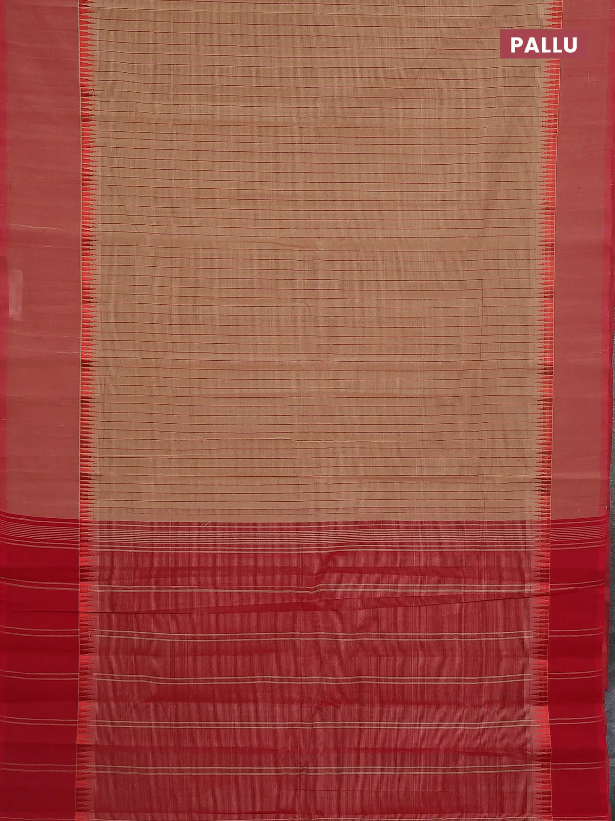 Mangalgiri cotton saree sandal and red with allover stripe pattern and temple design long rettapet border - Image 3