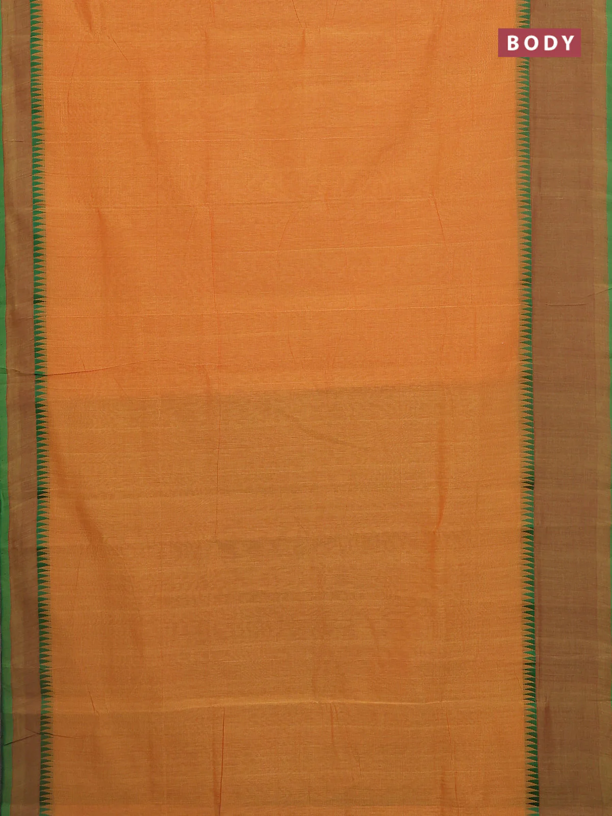 Mangalgiri cotton saree sunset orange and dual shade of green with palin body and temple design long rettapet border - Image 2