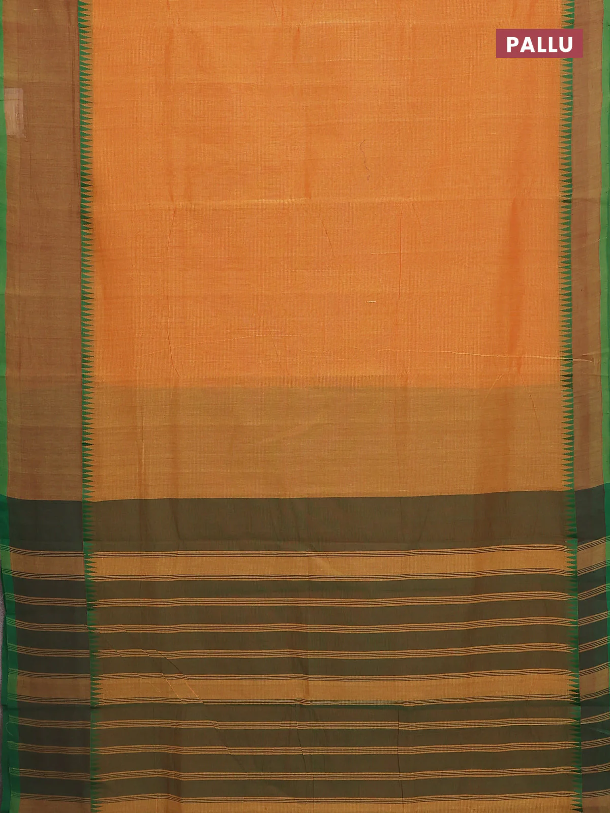 Mangalgiri cotton saree sunset orange and dual shade of green with palin body and temple design long rettapet border - Image 3