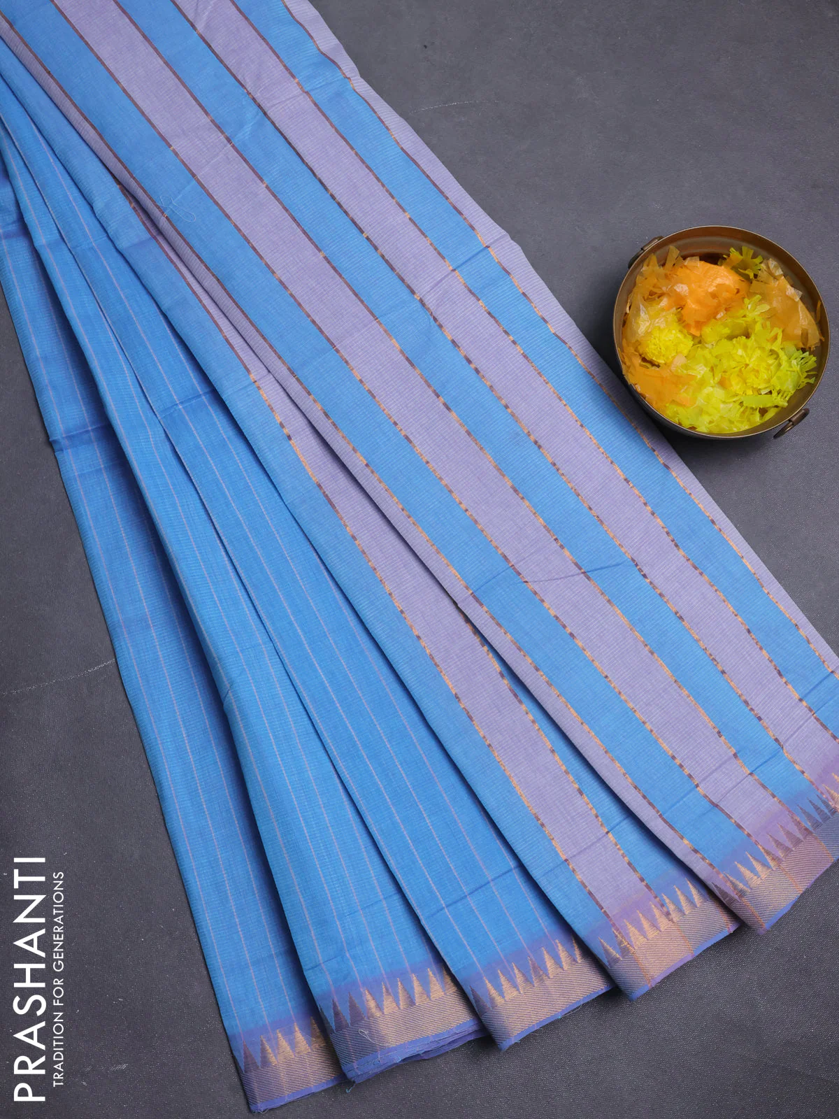 Mangalgiri cotton saree teal blue and lavender with allover stripe pattern and temple zari woven border