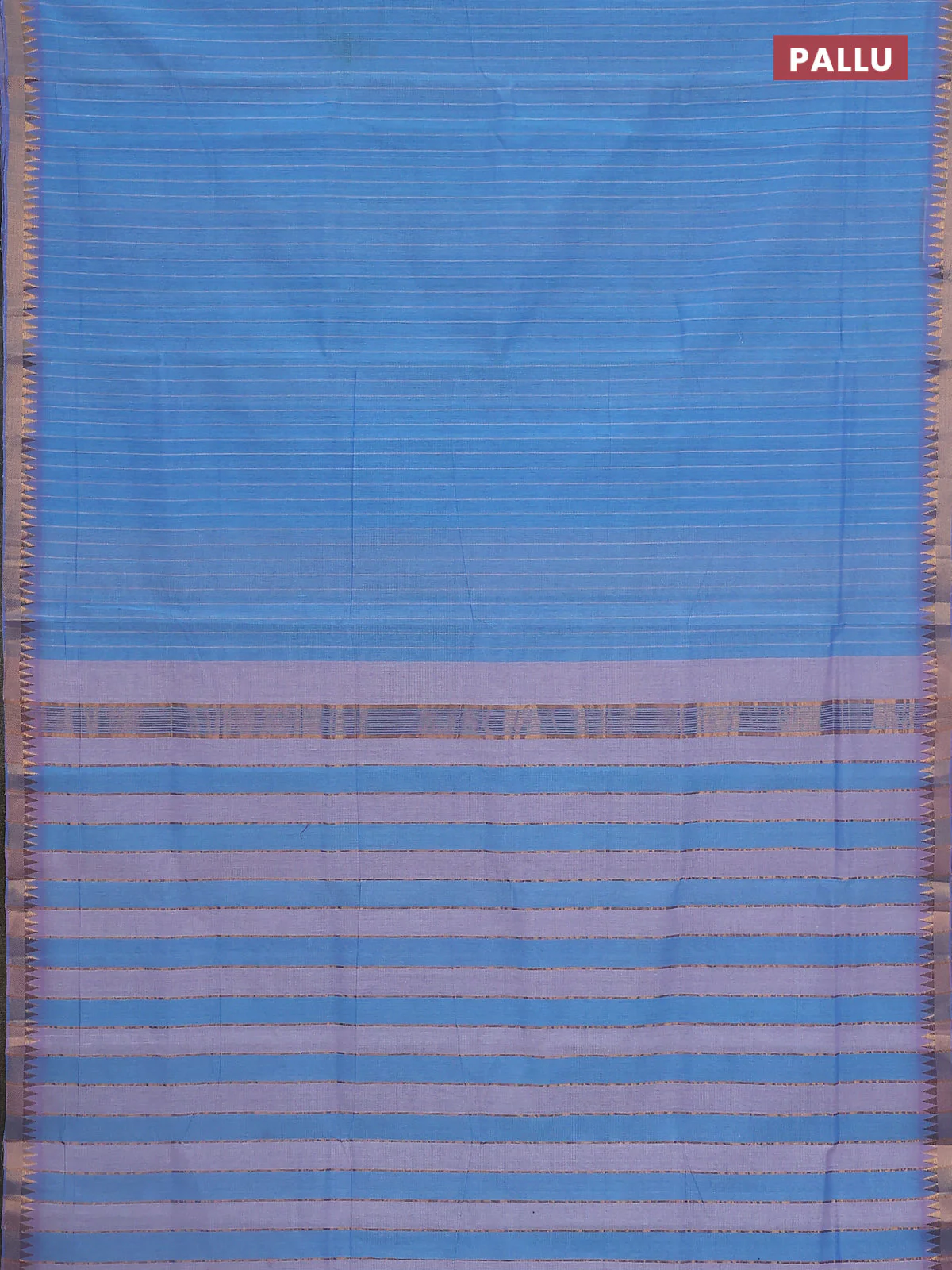 Mangalgiri cotton saree teal blue and lavender with allover stripe pattern and temple zari woven border - Image 3