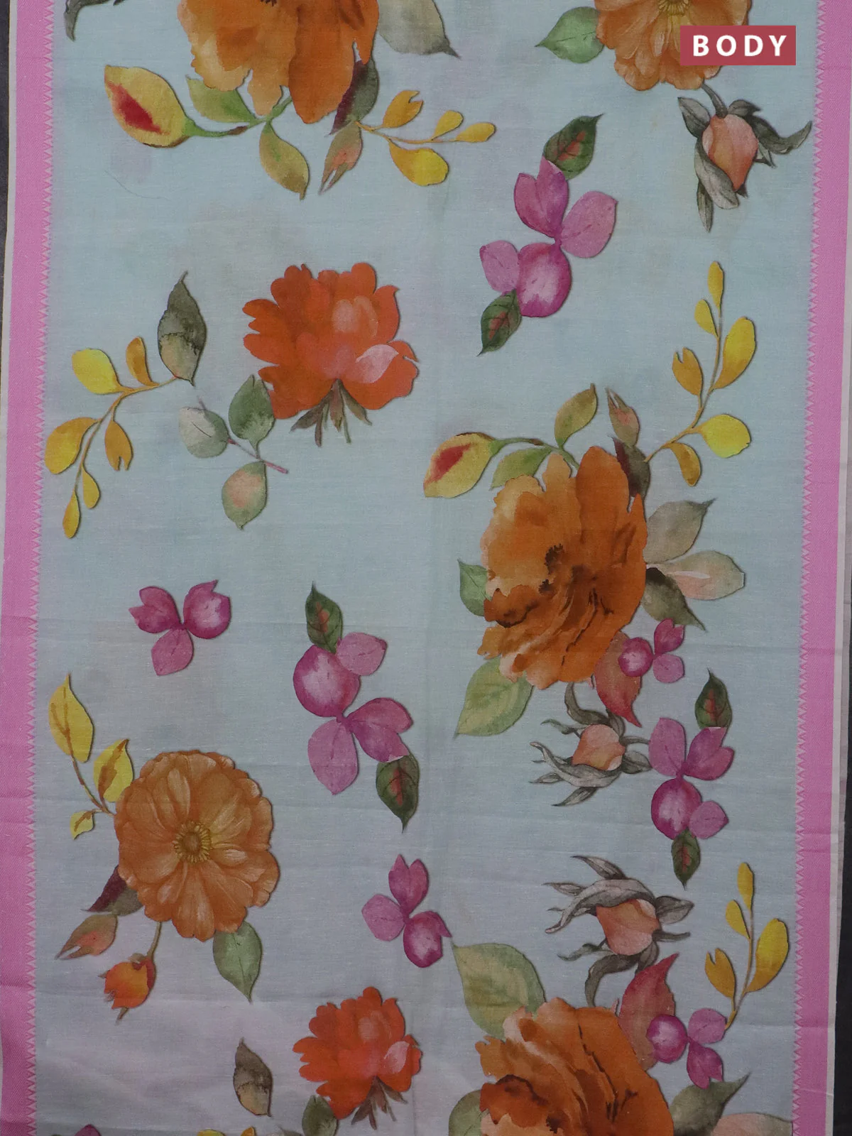 Mangalgiri cotton saree teal blue and light pink with allover floral prints and thread woven border - Image 2