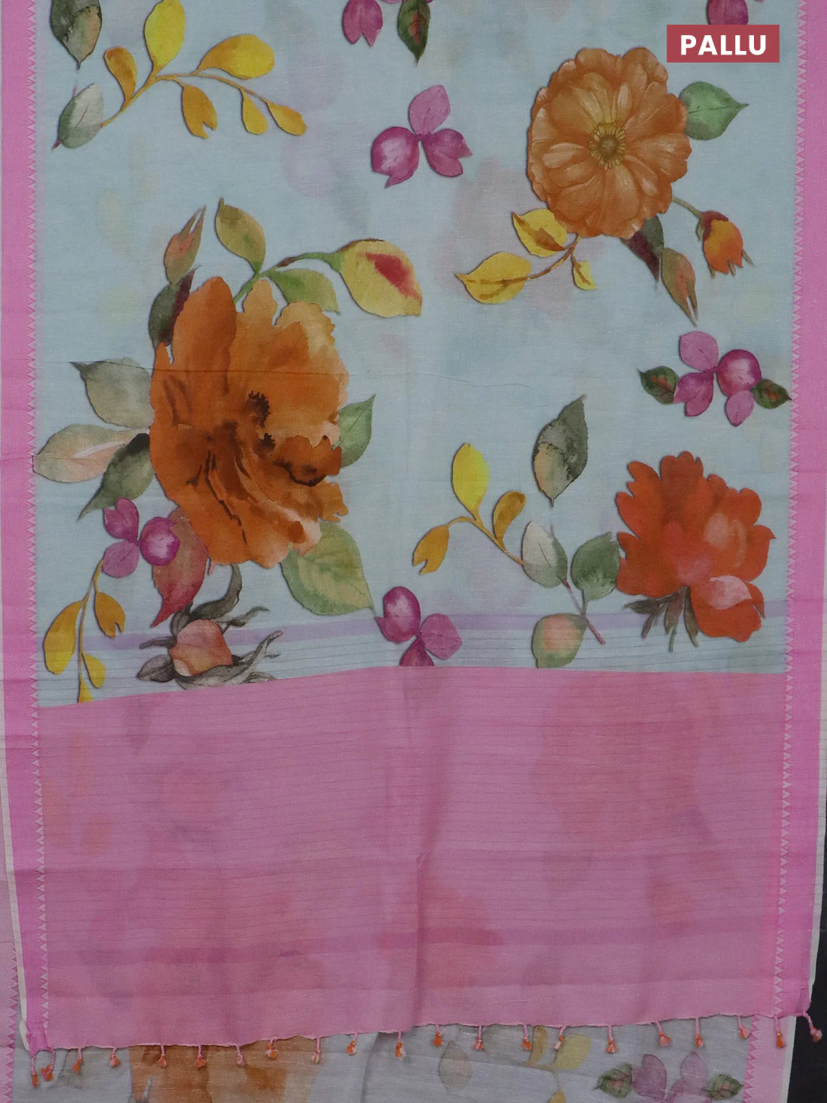 Mangalgiri cotton saree teal blue and light pink with allover floral prints and thread woven border - Image 3