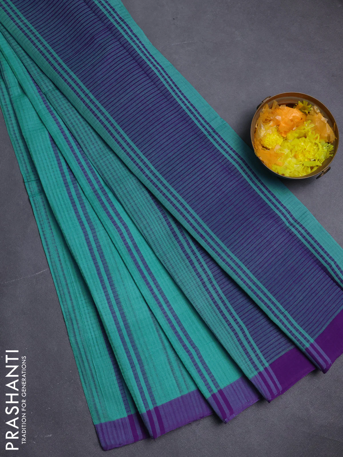 Mangalgiri cotton saree teal blue and violet with stripe pattern and simple border