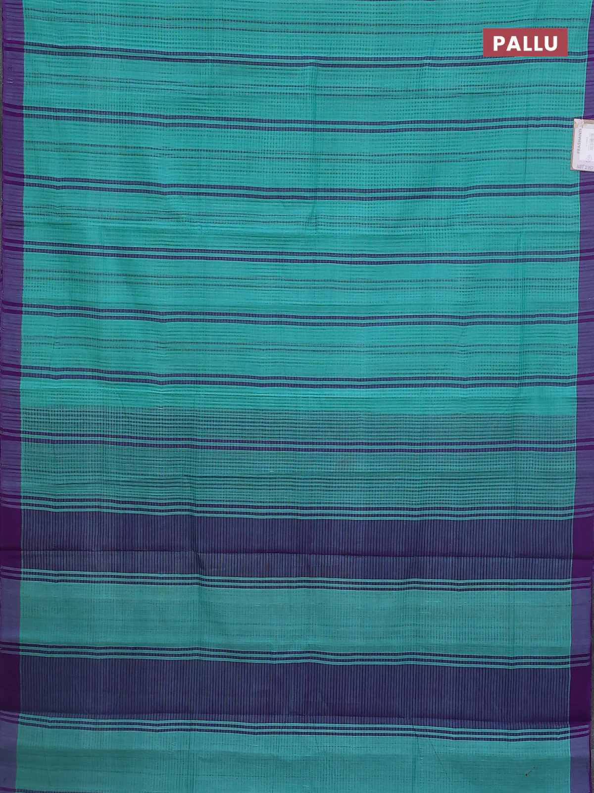 Mangalgiri cotton saree teal blue and violet with stripe pattern and simple border - Image 3