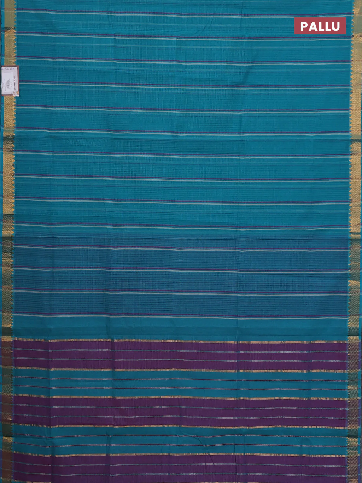 Mangalgiri cotton saree teal blue with allover stripe pattern and zari woven border - Image 3