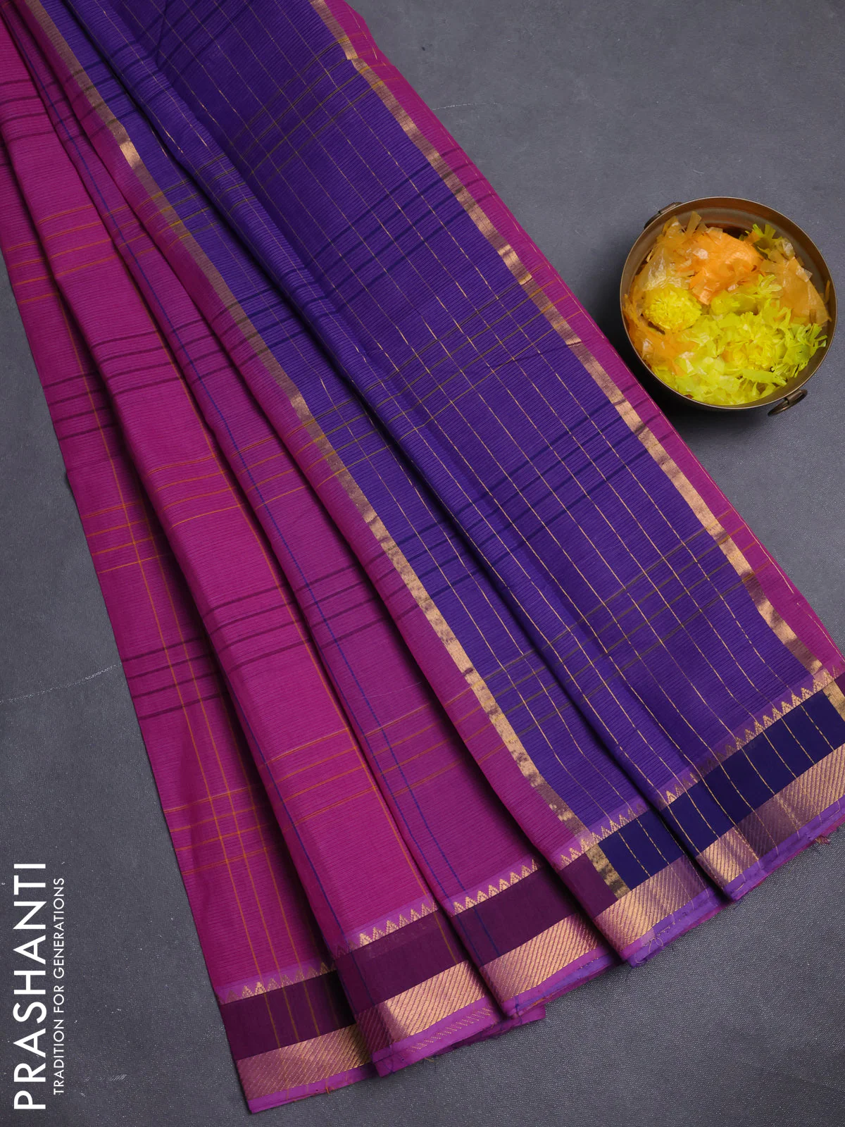 Mangalgiri cotton saree violet and blue with allover checked pattern and zari woven border
