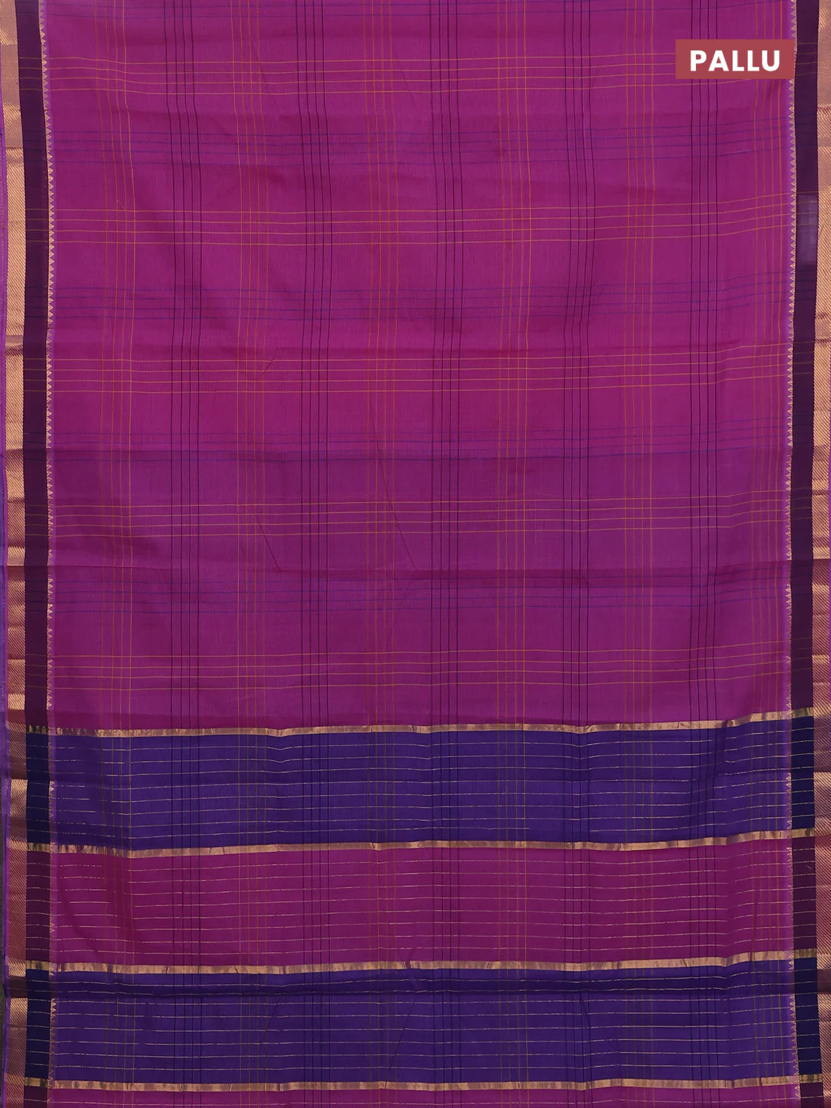Mangalgiri cotton saree violet and blue with allover checked pattern and zari woven border - Image 3