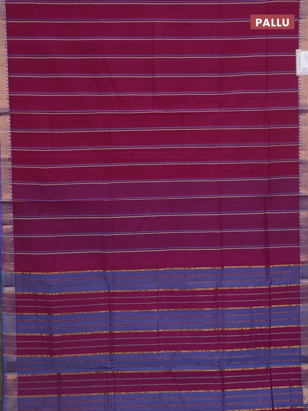 Mangalgiri cotton saree wine shade and blue shade with allover stripe pattern and zari woven border - Image 3