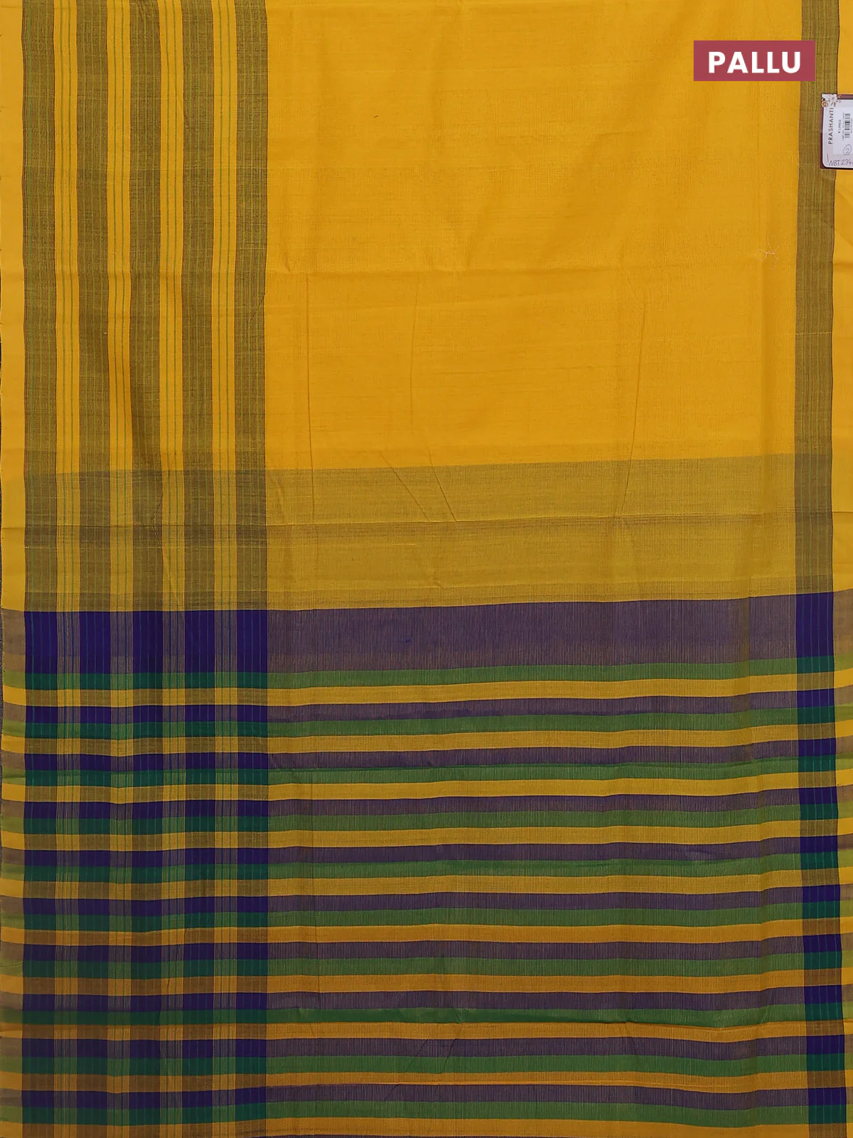 Mangalgiri cotton saree yellow and multi colour with palin body and zari woven border - Image 3