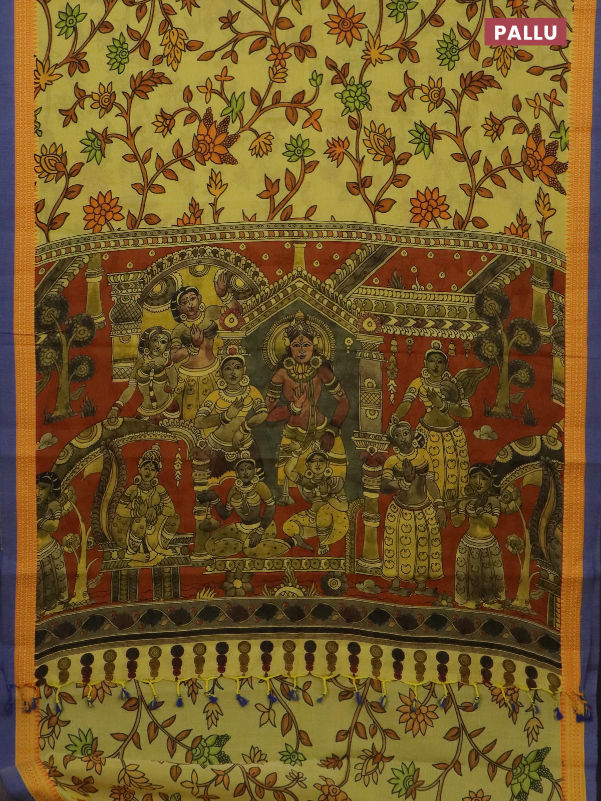 Mangalgiri cotton saree yellow and orange blue with allover floral prints and thread woven simple - Image 3