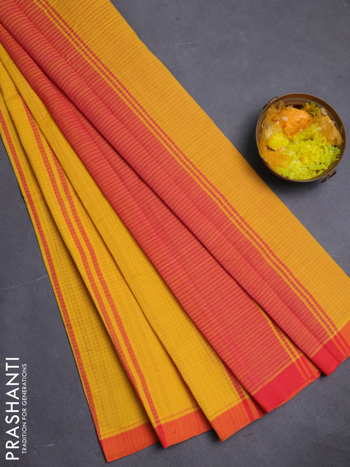 Mangalgiri cotton saree yellow and orange with stripe pattern and simple border
