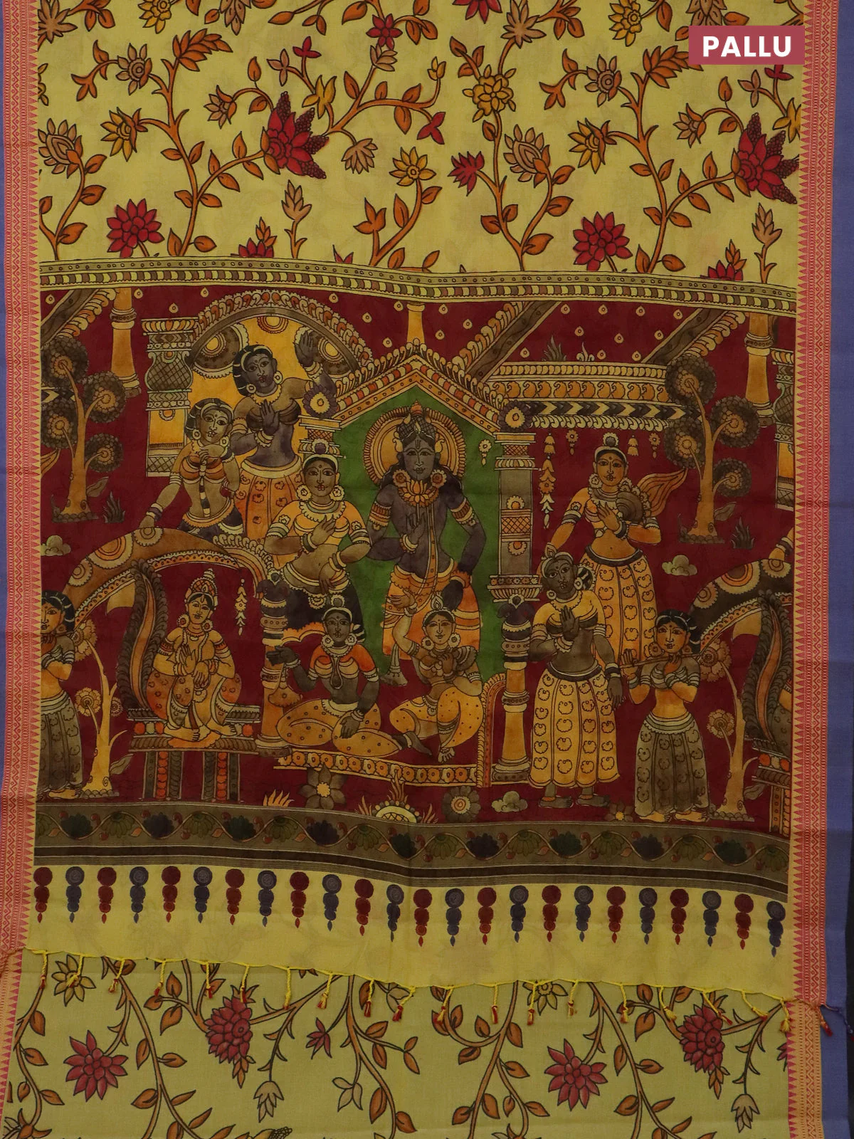 Mangalgiri cotton saree yellow and pink blue with allover floral prints and thread woven simple - Image 3