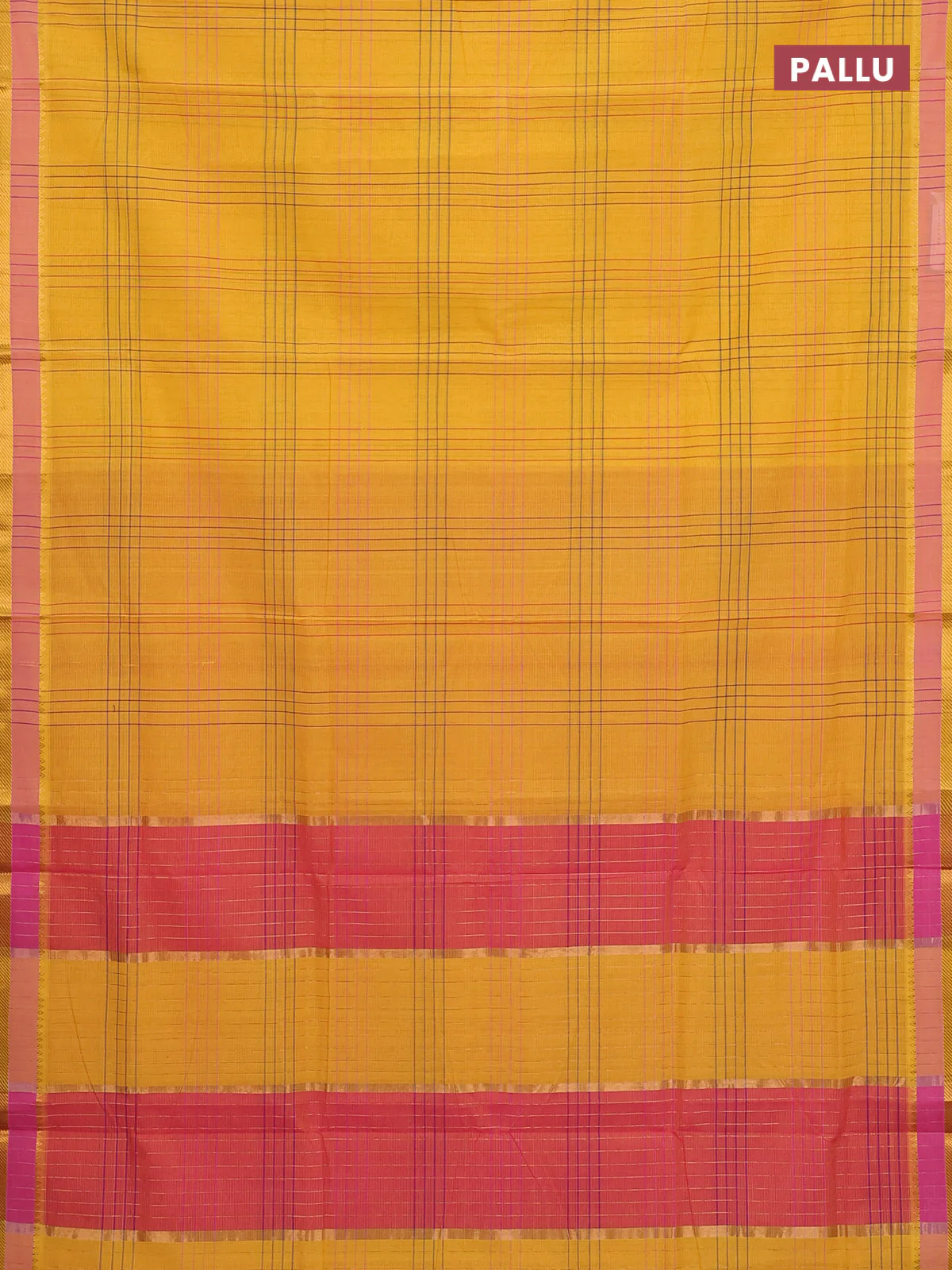 Mangalgiri cotton saree yellow and pink with allover checked pattern and zari woven border - Image 3