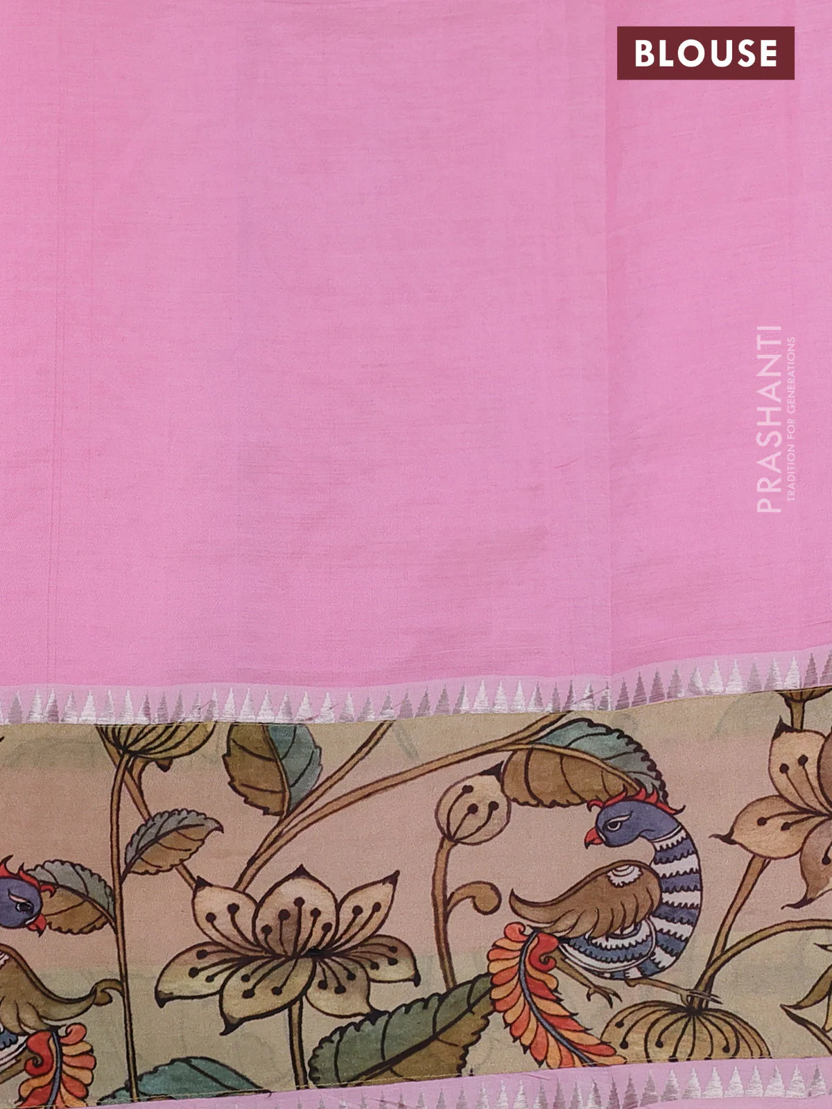 Mangalgiri silk cotton saree baby pink and sandal with plain body and long kalamkari printed applique border - Image 3