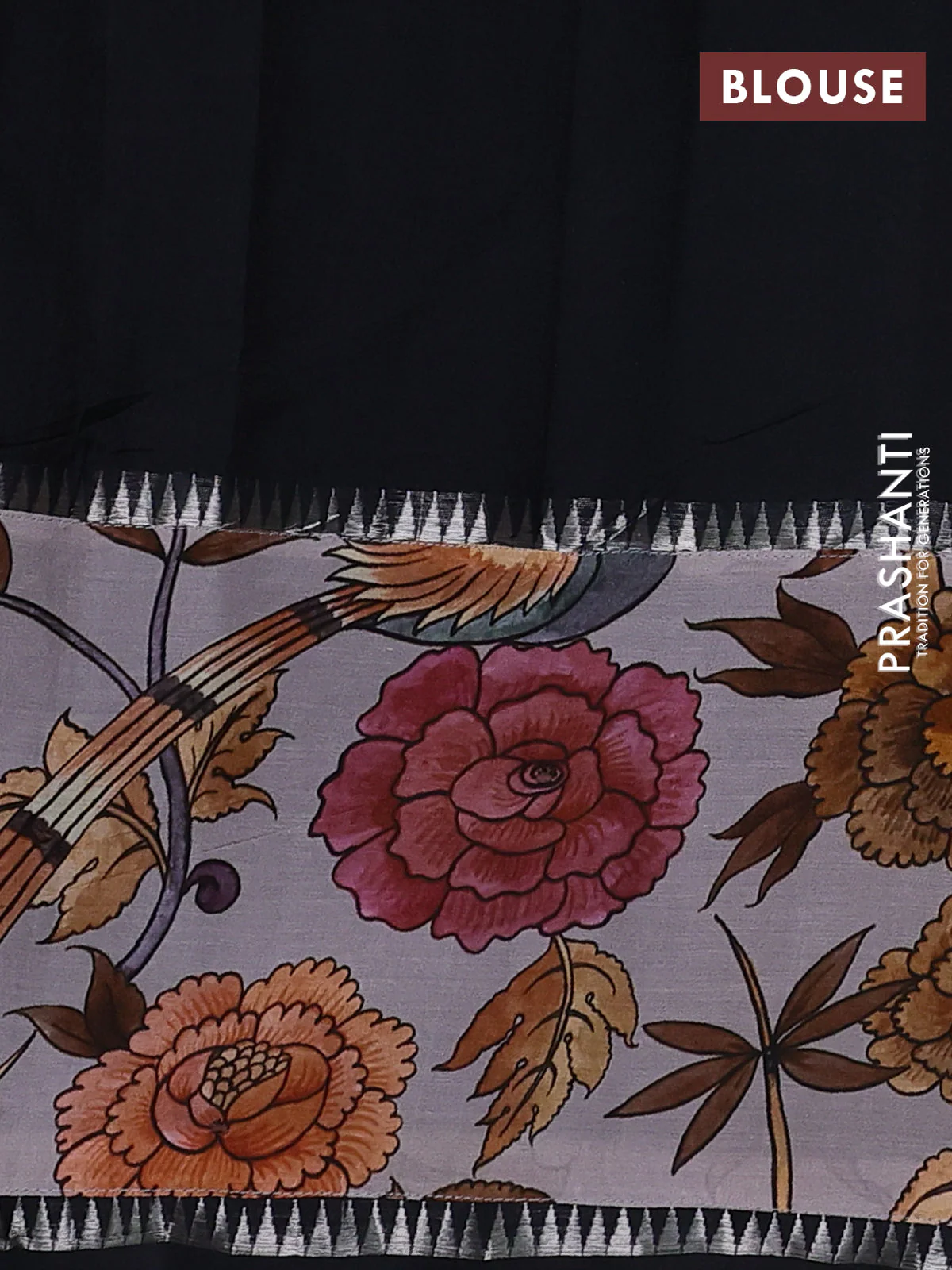 Mangalgiri silk cotton saree black and psatel grey with plain body and temple design kalamkari printed applique border - Image 3
