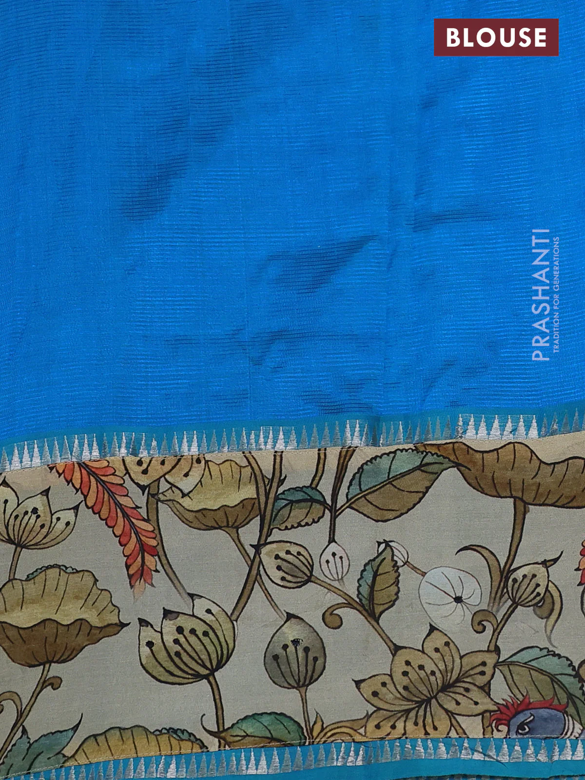 Mangalgiri silk cotton saree blue and cream with plain body and long kalamkari printed applique border - Image 3