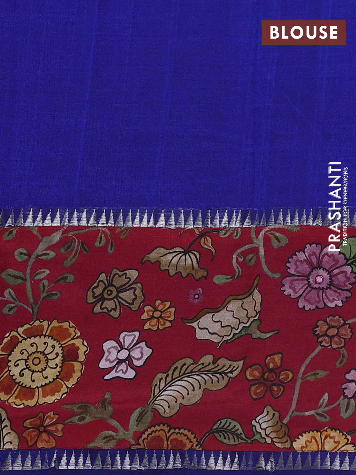 Mangalgiri silk cotton saree blue and maroon with plain body and temple design kalamkari printed applique border - Image 3