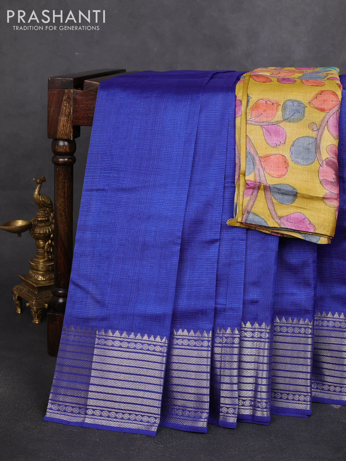 Mangalgiri silk cotton saree blue and mustard yellow with plain body and silver zari woven border