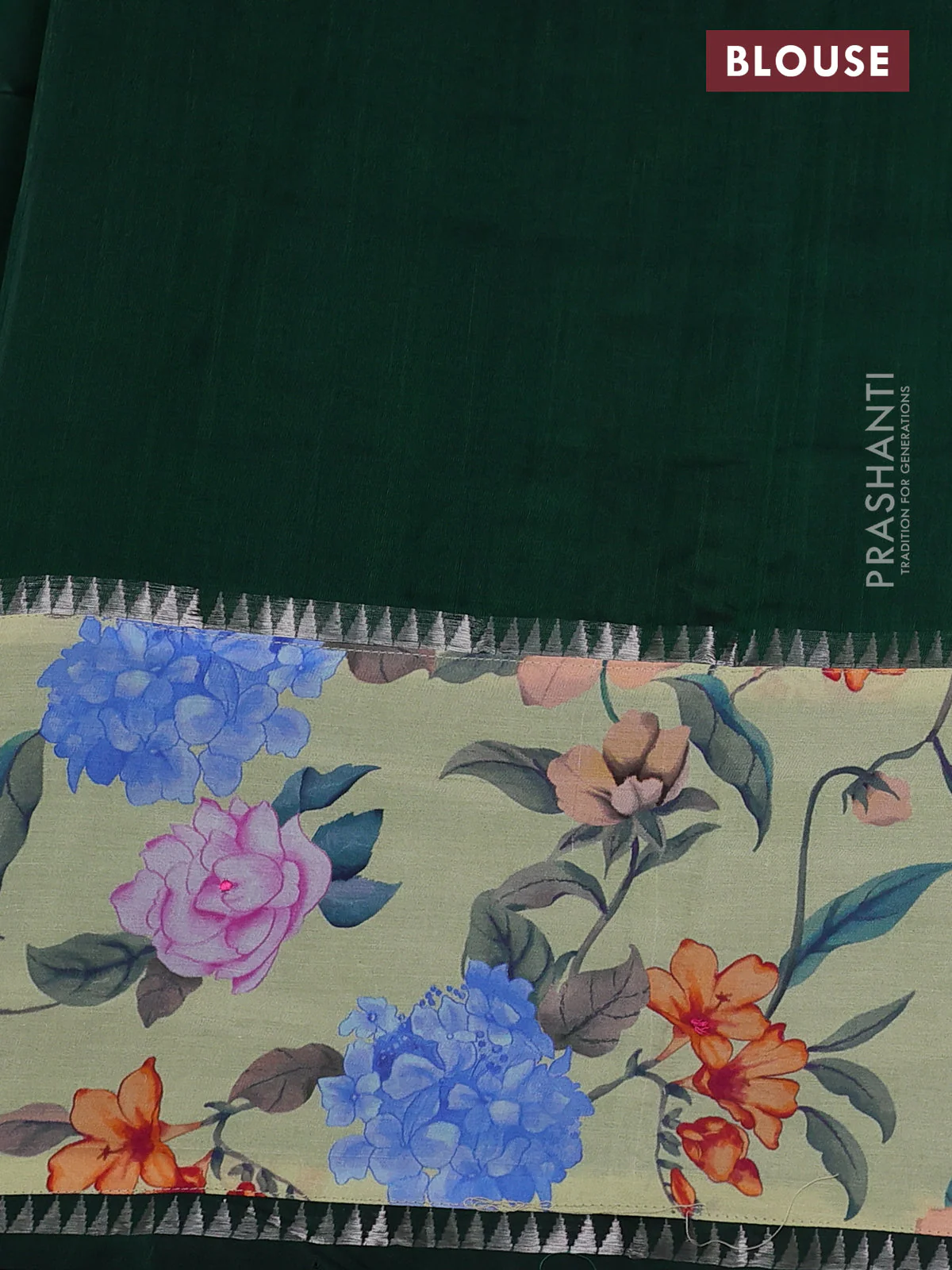 Mangalgiri silk cotton saree bottle green and pale yellow with plain body and long kalamkari printed applique border - Image 3