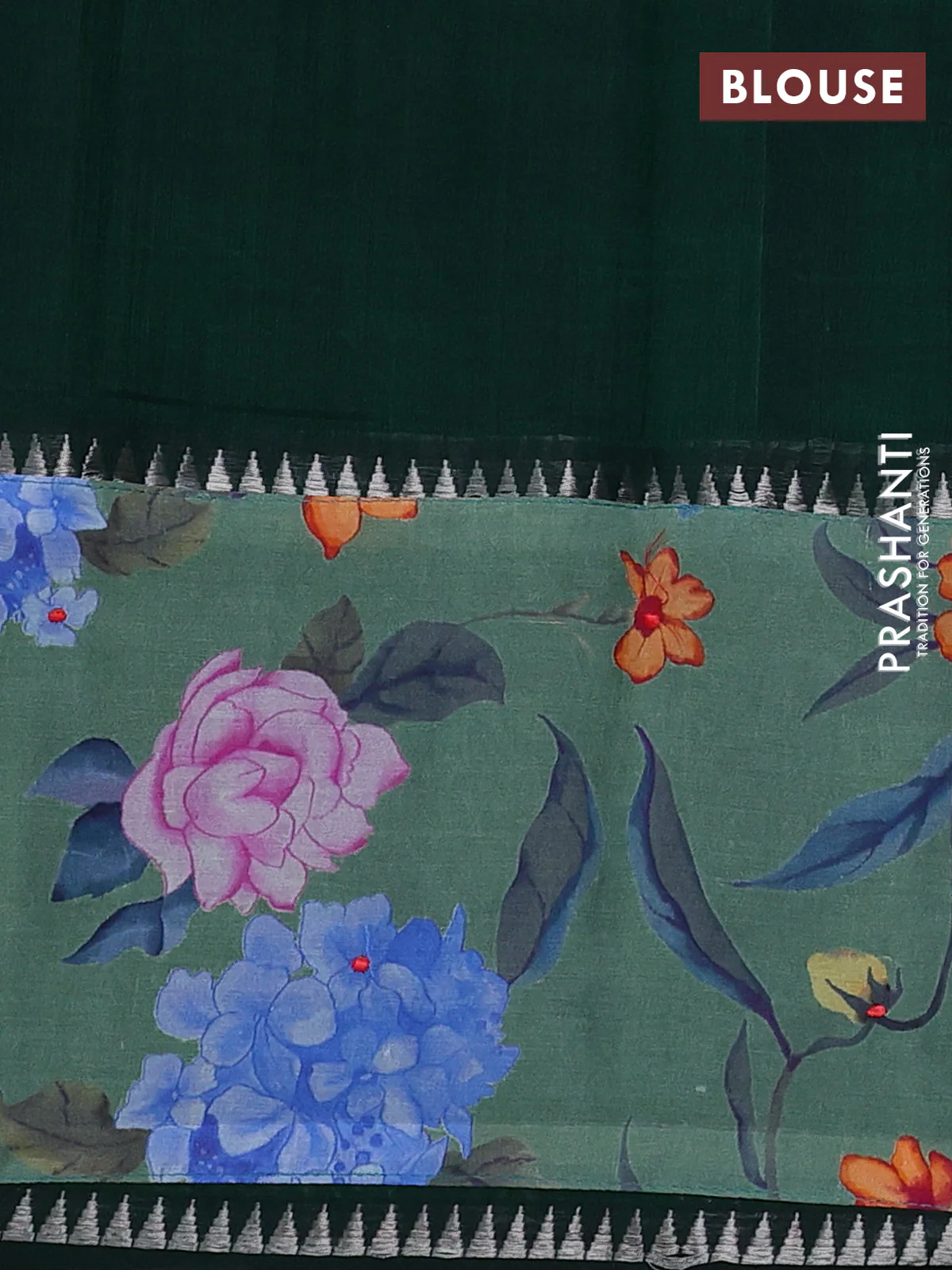 Mangalgiri silk cotton saree bottle green and pastel green with plain body and temple design kalamkari printed applique border - Image 3