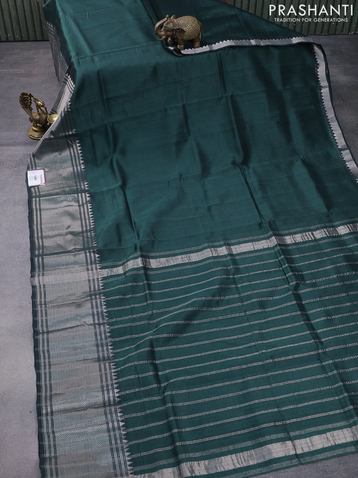Mangalgiri silk cotton saree bottle green with plain body and long silver zari woven border - Image 2