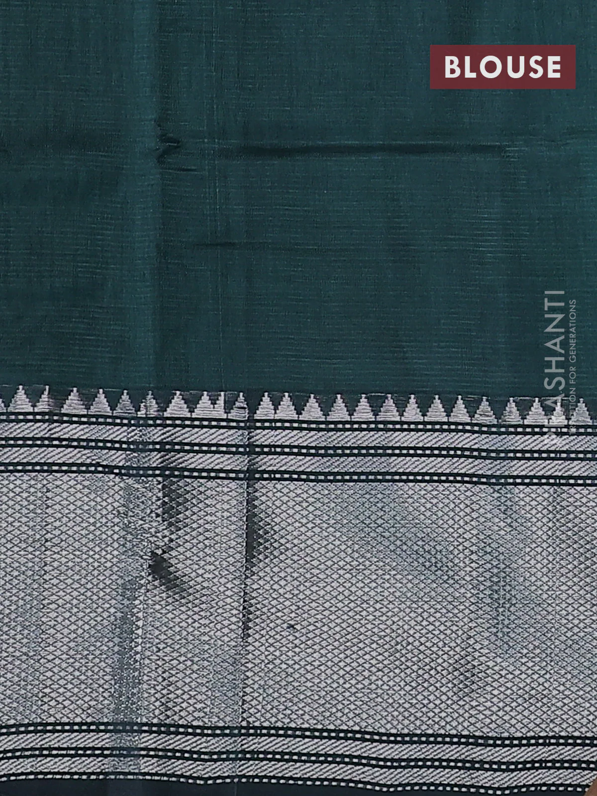 Mangalgiri silk cotton saree bottle green with plain body and long silver zari woven border - Image 3