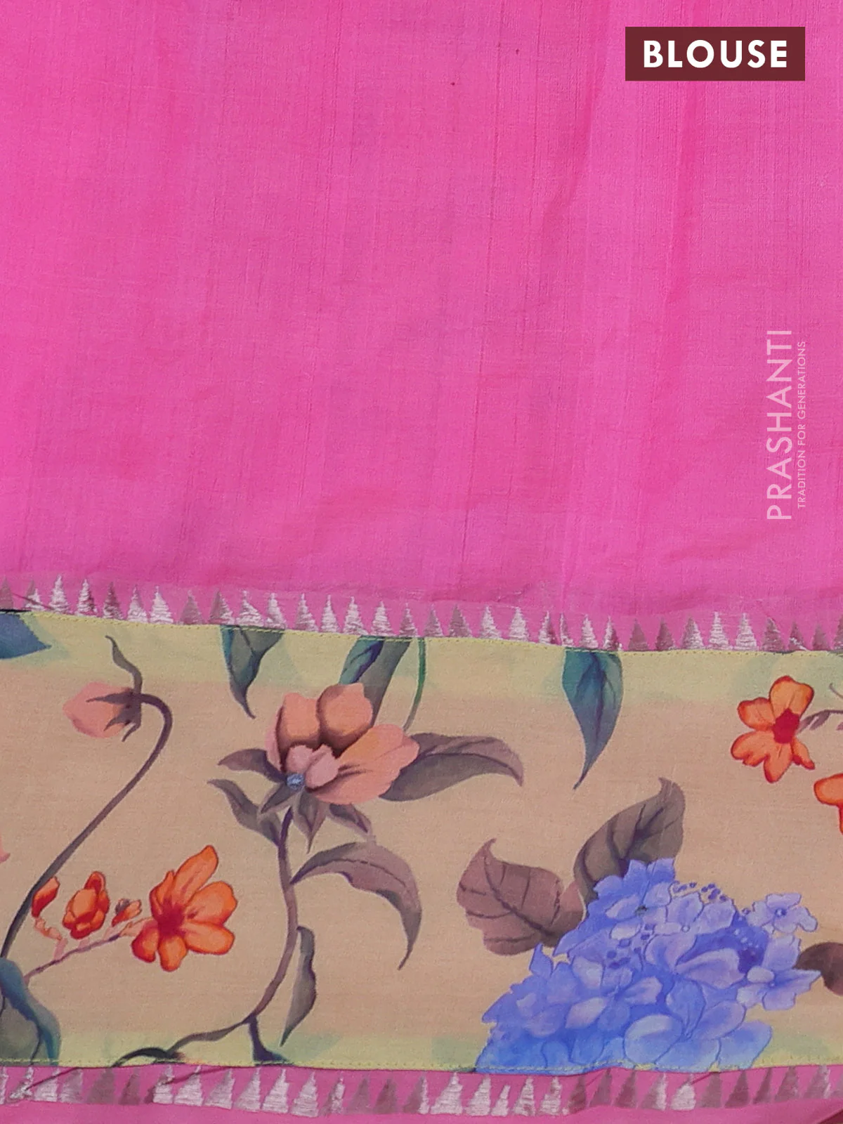 Mangalgiri silk cotton saree candy pink and pale yellow with plain body and long kalamkari printed applique border - Image 3