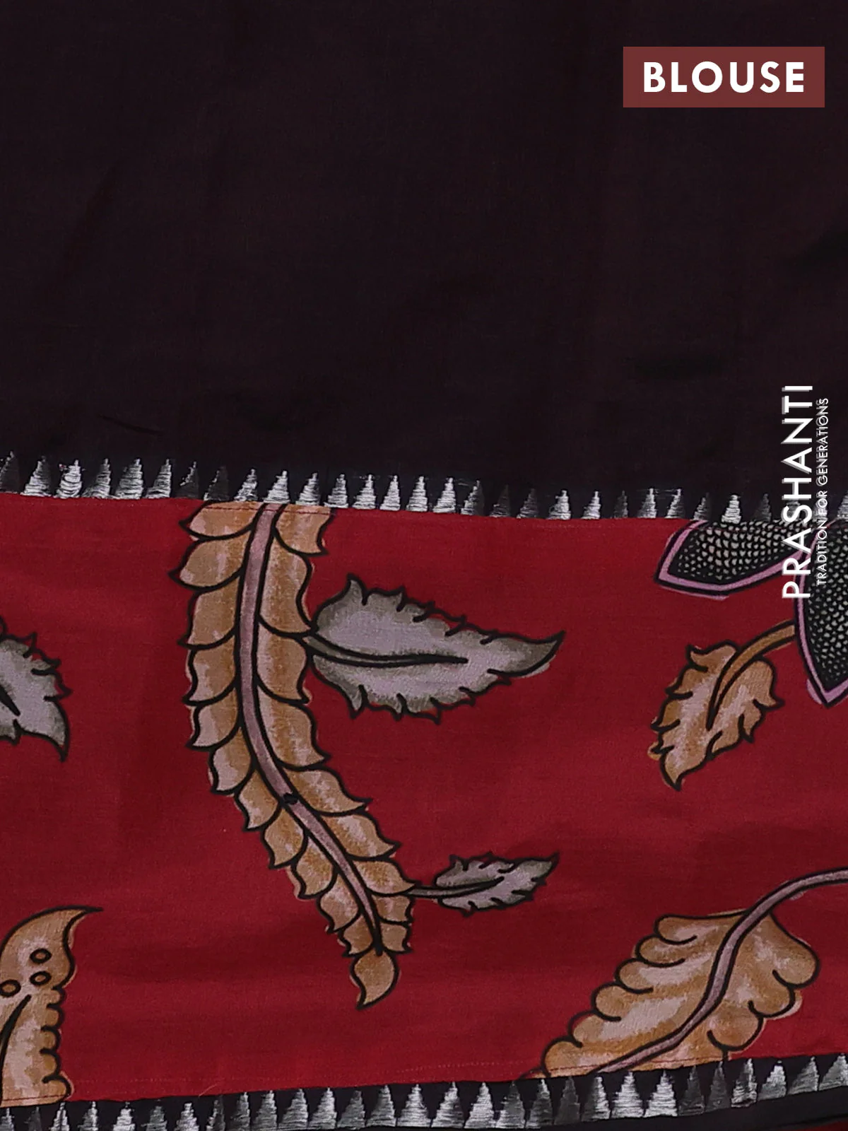 Mangalgiri silk cotton saree coffee brown and maroon with plain body and temple design kalamkari printed applique border - Image 3