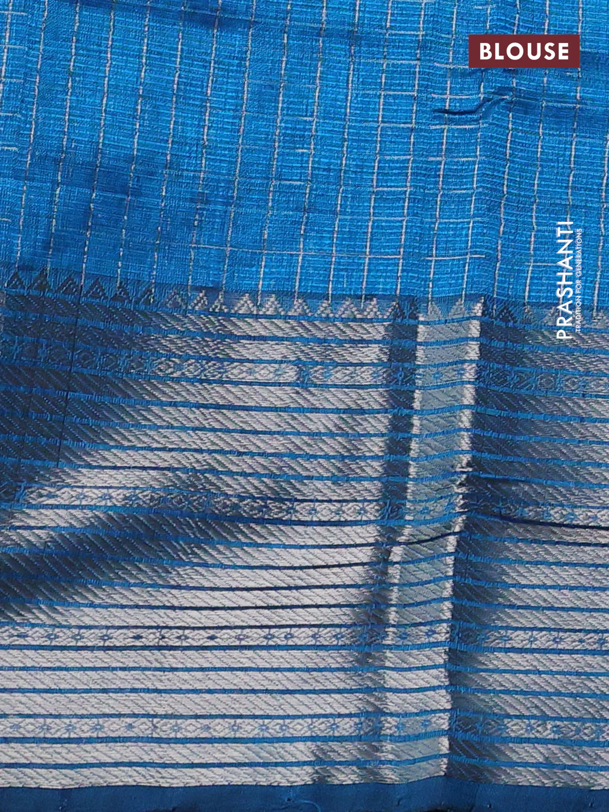 Mangalgiri silk cotton saree cs blue with allover zari woven checked pattern and long silver zari woven border - Image 3