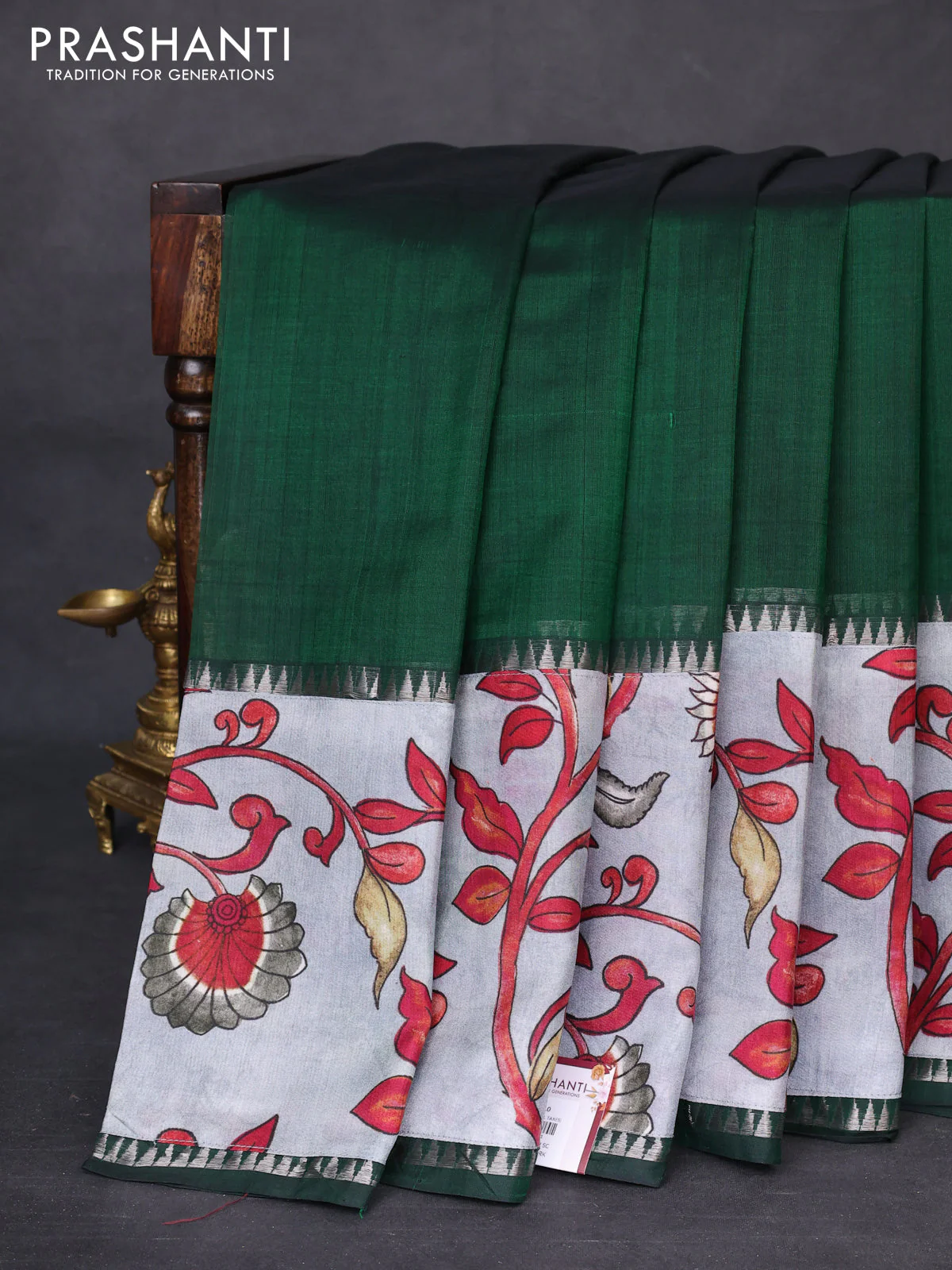 Mangalgiri silk cotton saree dark green and grey with plain body and temple design kalamkari printed applique border
