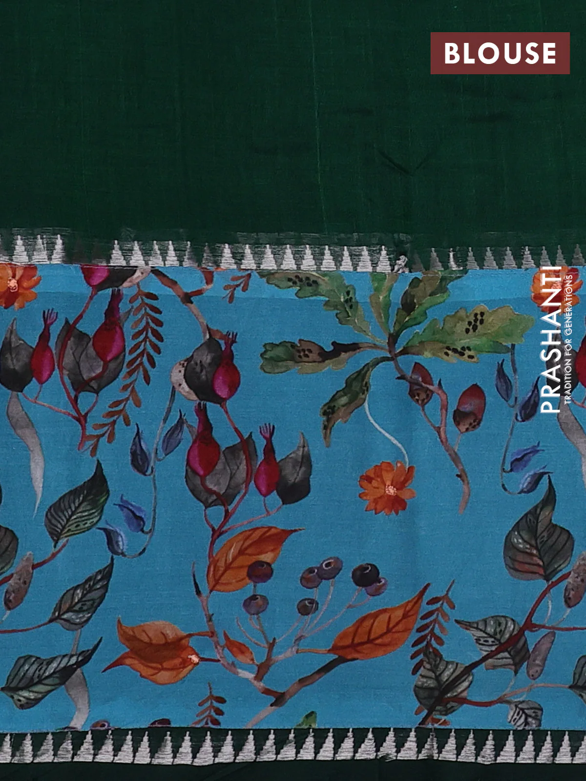 Mangalgiri silk cotton saree dark green and light blue with plain body and temple design kalamkari printed applique border - Image 3