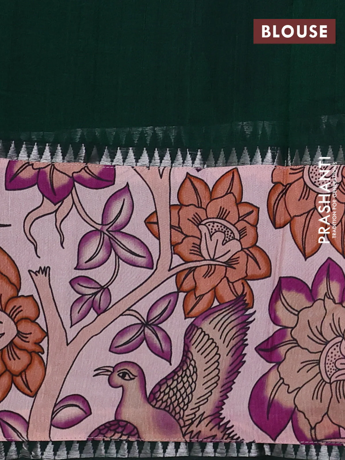 Mangalgiri silk cotton saree dark green and pastel peach with plain body and temple design kalamkari printed applique border - Image 3